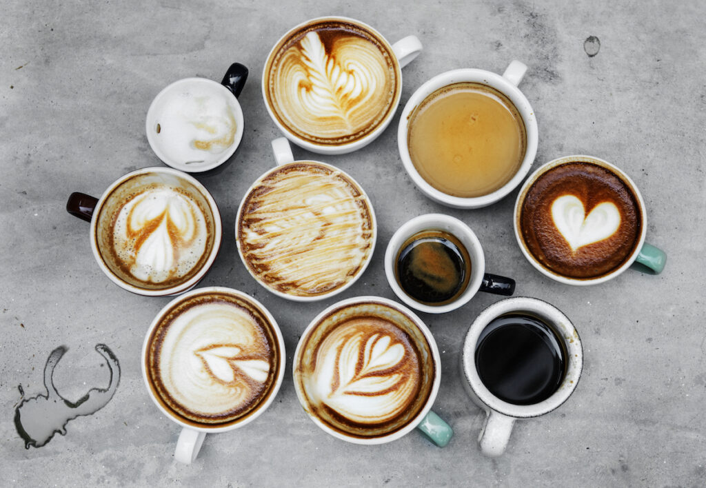 Aerial view of various cups of coffee drinks